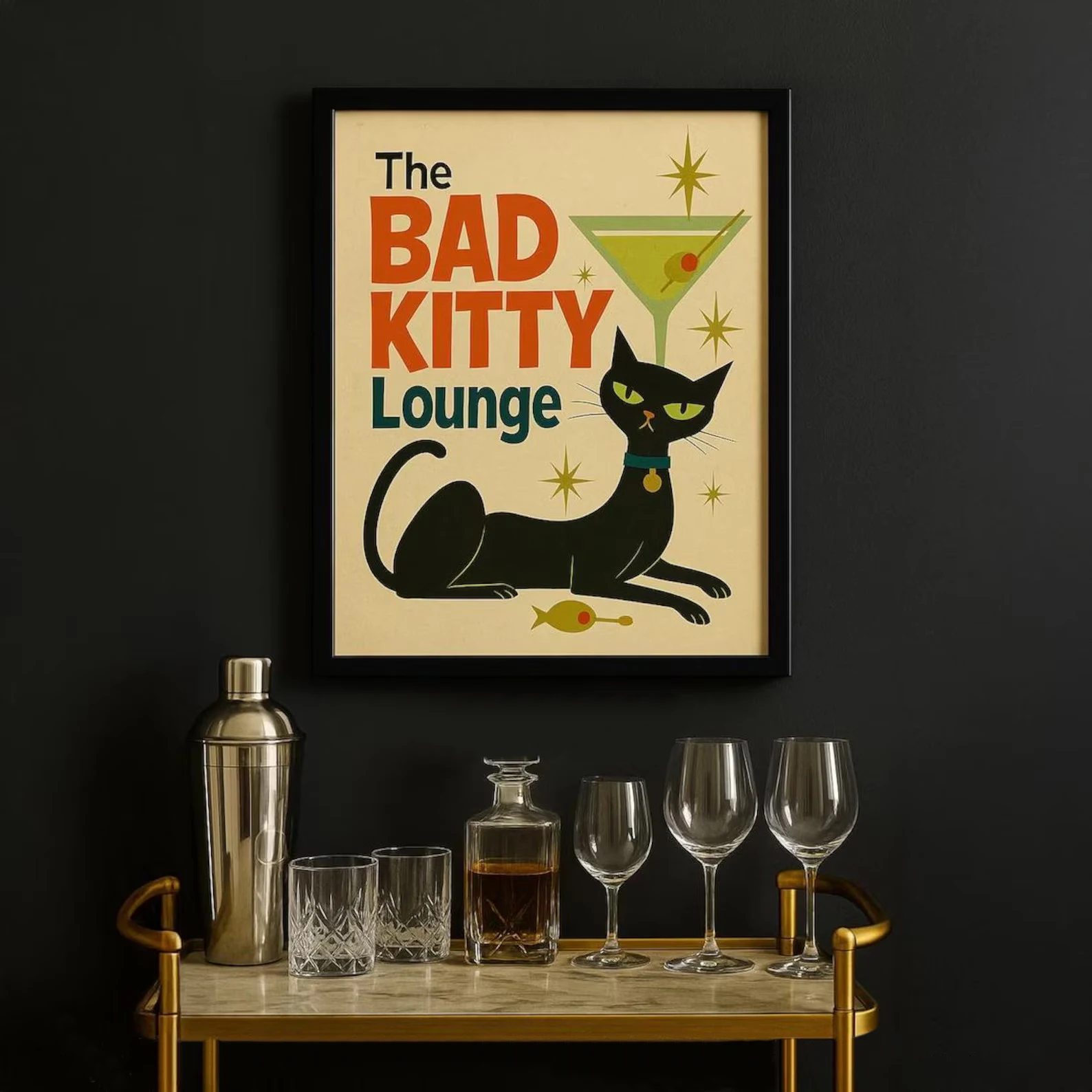 

Mid-Century Modern Cat Art Vintage Cat Art Canvas Poster Bad Kitty Lounge Decor Cat Wall Art Gifts for Cat Lovers Home Decor