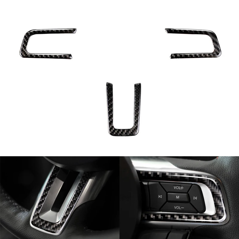 For Ford Mustang 2015 2016 2017 3pcs Carbon Fiber Interior Steering Wheel Button Strip Decor Cover Sticker Trim