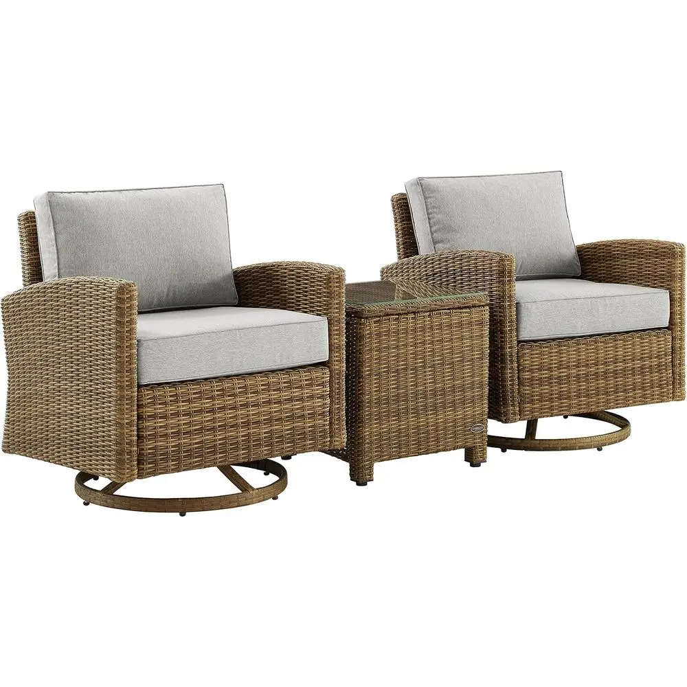 

Bradenton 3-Piece Wicker Swivel Rocker Outdoor Chair and Side Table Set or Patio, Porch, Brown with Gray Cushions