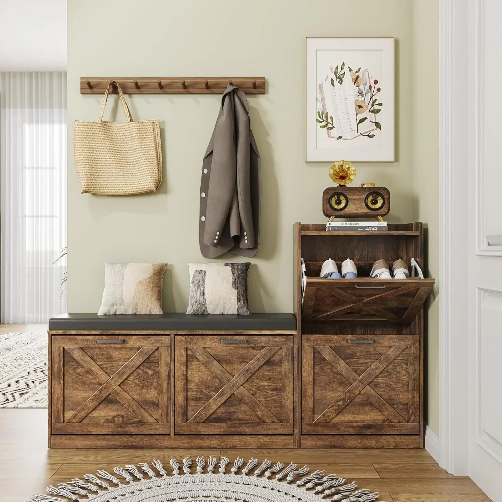 

Shoe cabinet with adjustable shoe stools (left and right), 4 flip drawers, and cushioned seat cushions
