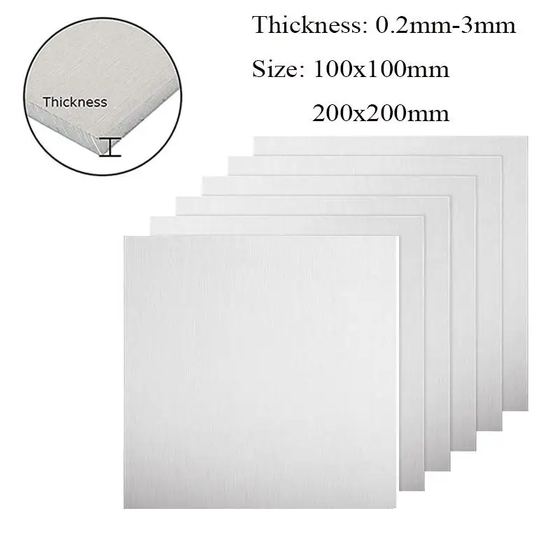 304 Edelstahl, quadratisches Blech, Dicke 0,2/0,5/0,8/1/2/3 mm, flache, gebürstete, polierte Metallplatte, 100 x 100 mm, 200 x 200 mm