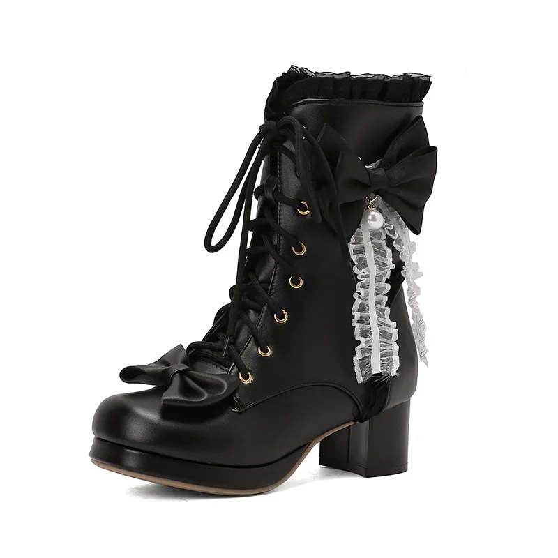 Fashion Sweet Bow Women Comfort Square Platform Ankle Boots Elegant Ruffles String Bead Girls Princess Cosplay Pink Lolita Shoes