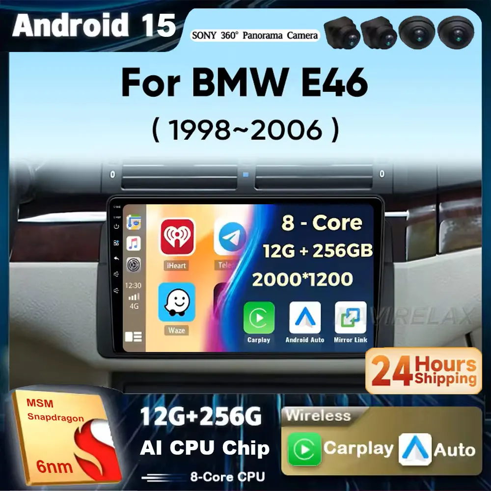 

Car Radio For BMW E46 M3 318 320 325 330 335 1998-2006 Wireless CarPlay Android 15 Auto 4G Car Multimedia Player GPS 2 Din Autor