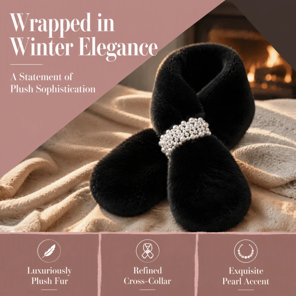 Fashion Solid Color Cross Scarf Faux Rabbit Fur Pearl Decoration Neckerchief Wrap Warm Thicken Neck Warmer Winter