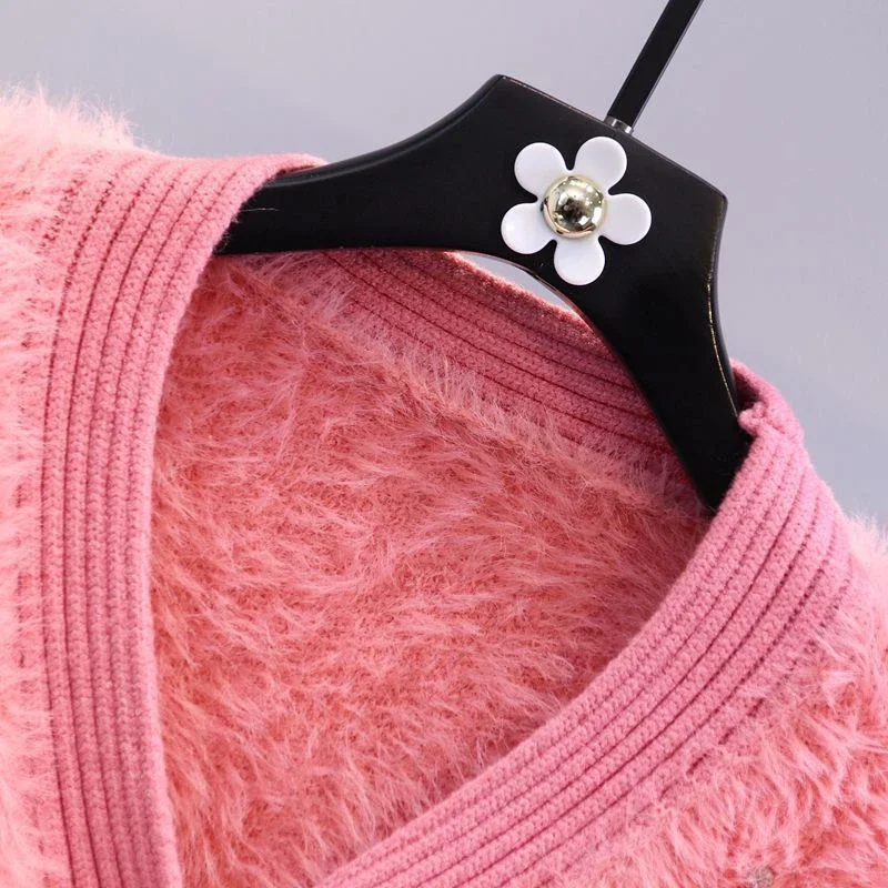 Sweater Cardigans Imitate Mink Wool Woman Top Clothes Winter Knitted Korean  Long Sleeve Elegance Sweet OL Casual Coats