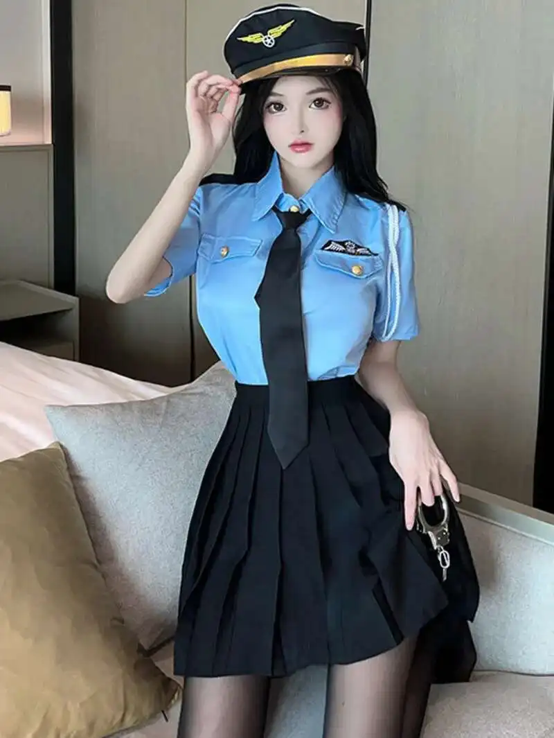 Sweet Korean Women Mini Dress Sexy Policewoman Uniform Seduction Cosplay Professional Clothes Hot Dress Elegant Tops FX8S