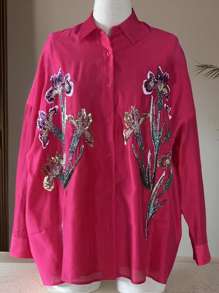 Top Quality New Blouse Shirt 2025 Autumn Women Turn-down Collar Sequined Beading Embroidery Patterns Long Sleeve Loose Shirt XL