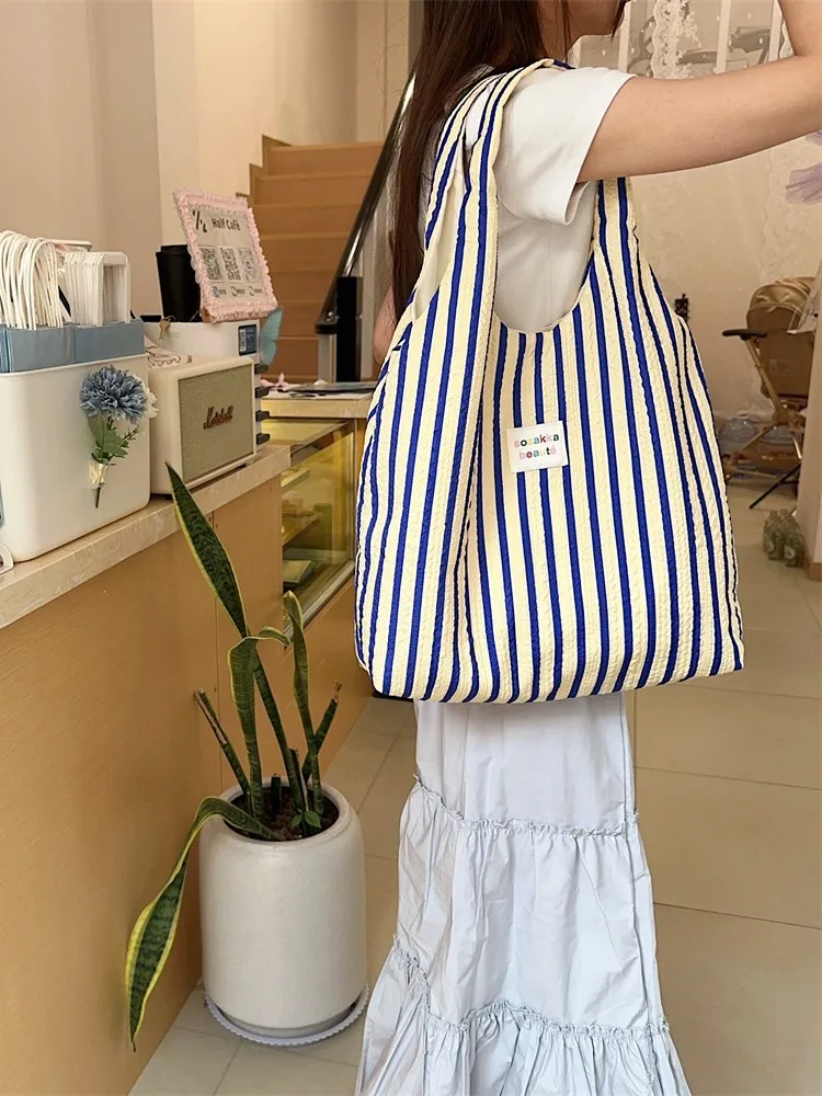 Trendy Striped Canvas Commuter Bag Women's Large Capaci oulder Bag Office Handbag Soft Tote Bag Korean Sle Summer 2025