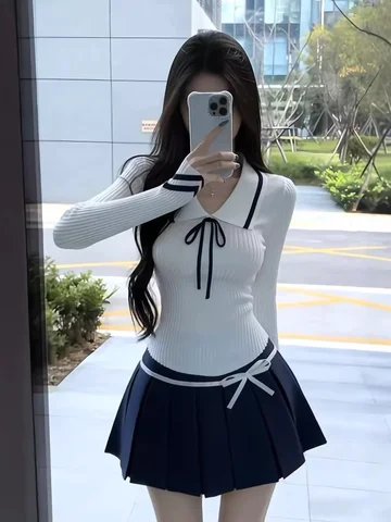Korean Style Beautiful College Style Spring Fashion Sweet And Spicy Collared Slim Fit Top And Pleated  Skirt Two Piece Set