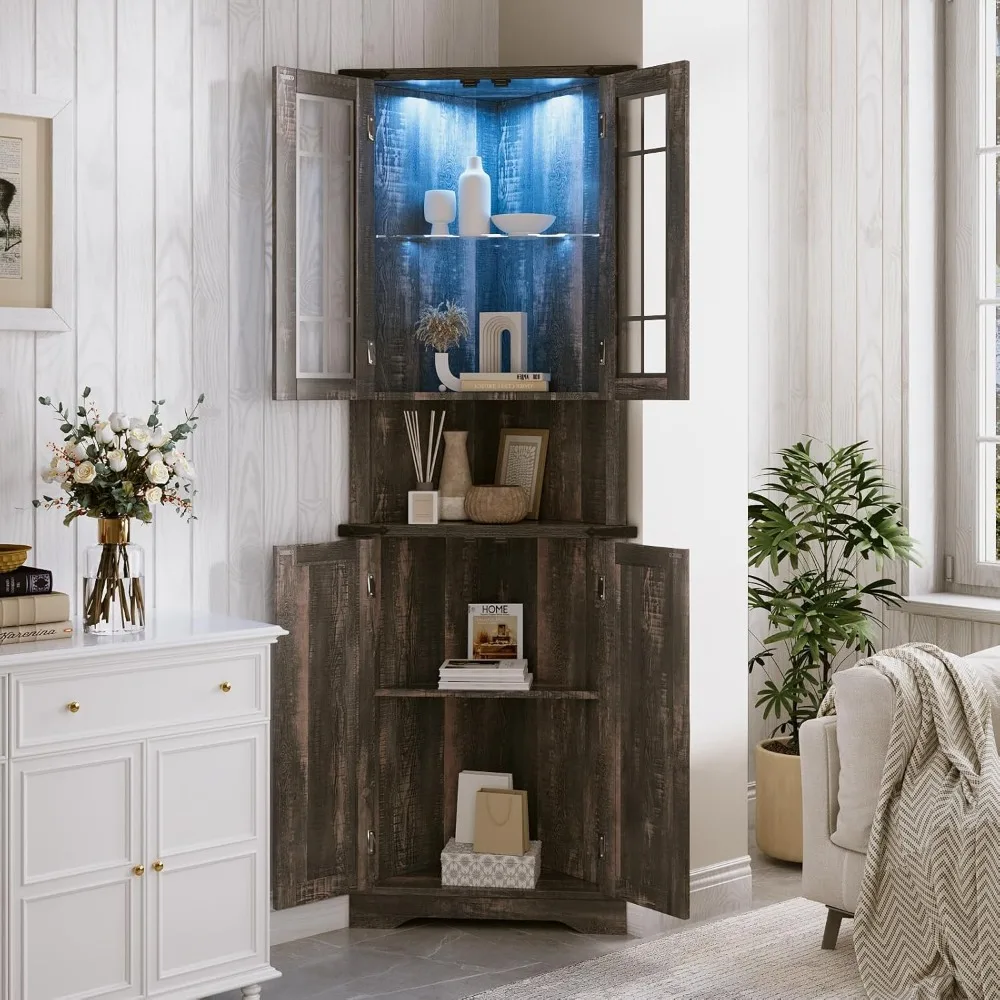 خزانة زاوية مضيئة بإضاءة LED للتخزين في غرفة المعيشة أو المطبخ أو الحمام - طويلة، بني غامق عتيق #6