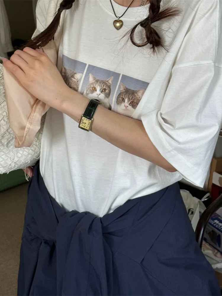 

Dongda Gate New Sle Pure Cotton ort Sve Женская футболка oulder Width Regular Cotton с принтом Корейский модный летний топ