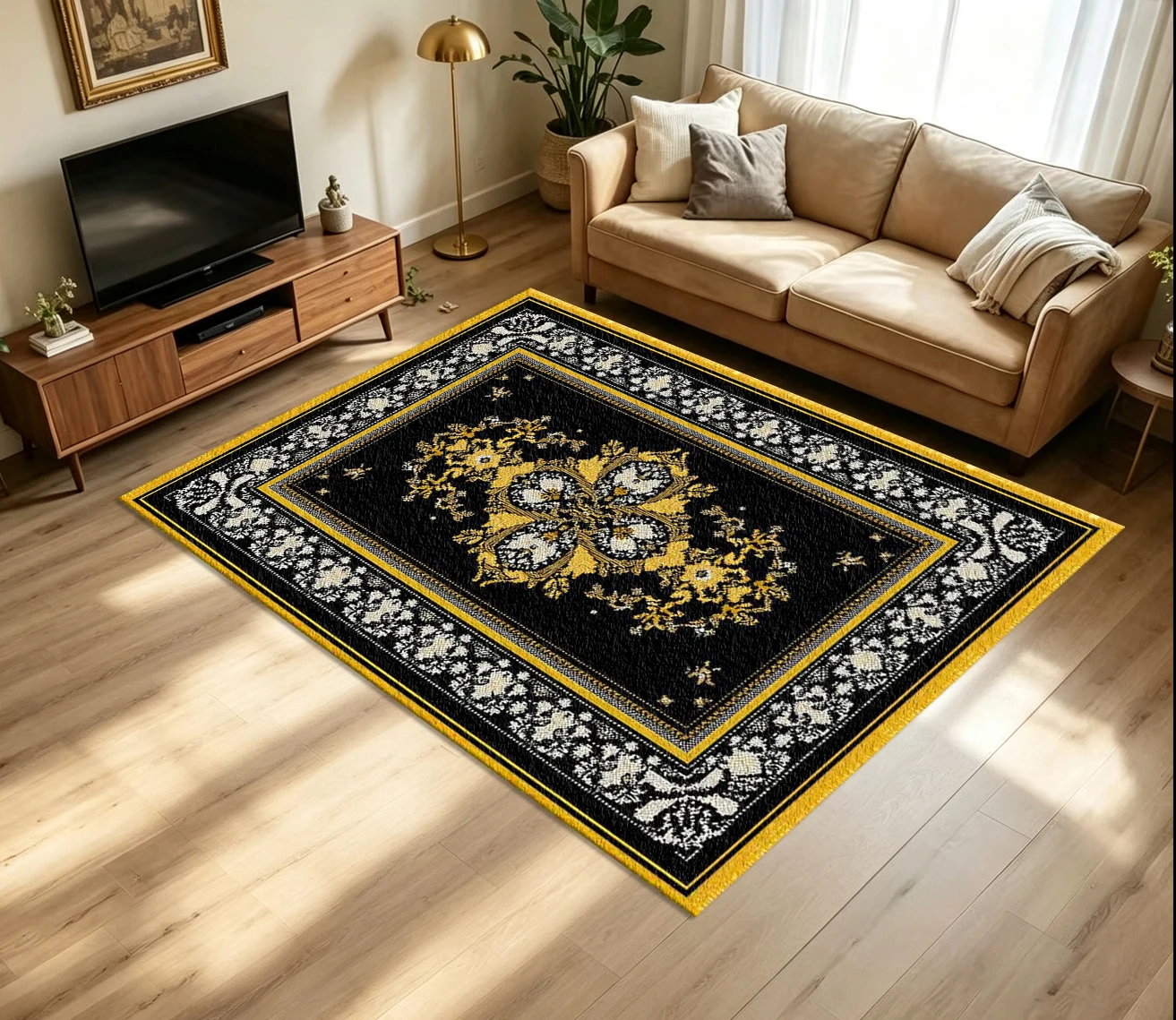 Black Gold Vintage Ornate Medallion Carpet Flooring Luxury European Style Printed Floor Rug for Living Room Bedroom Home Decoration