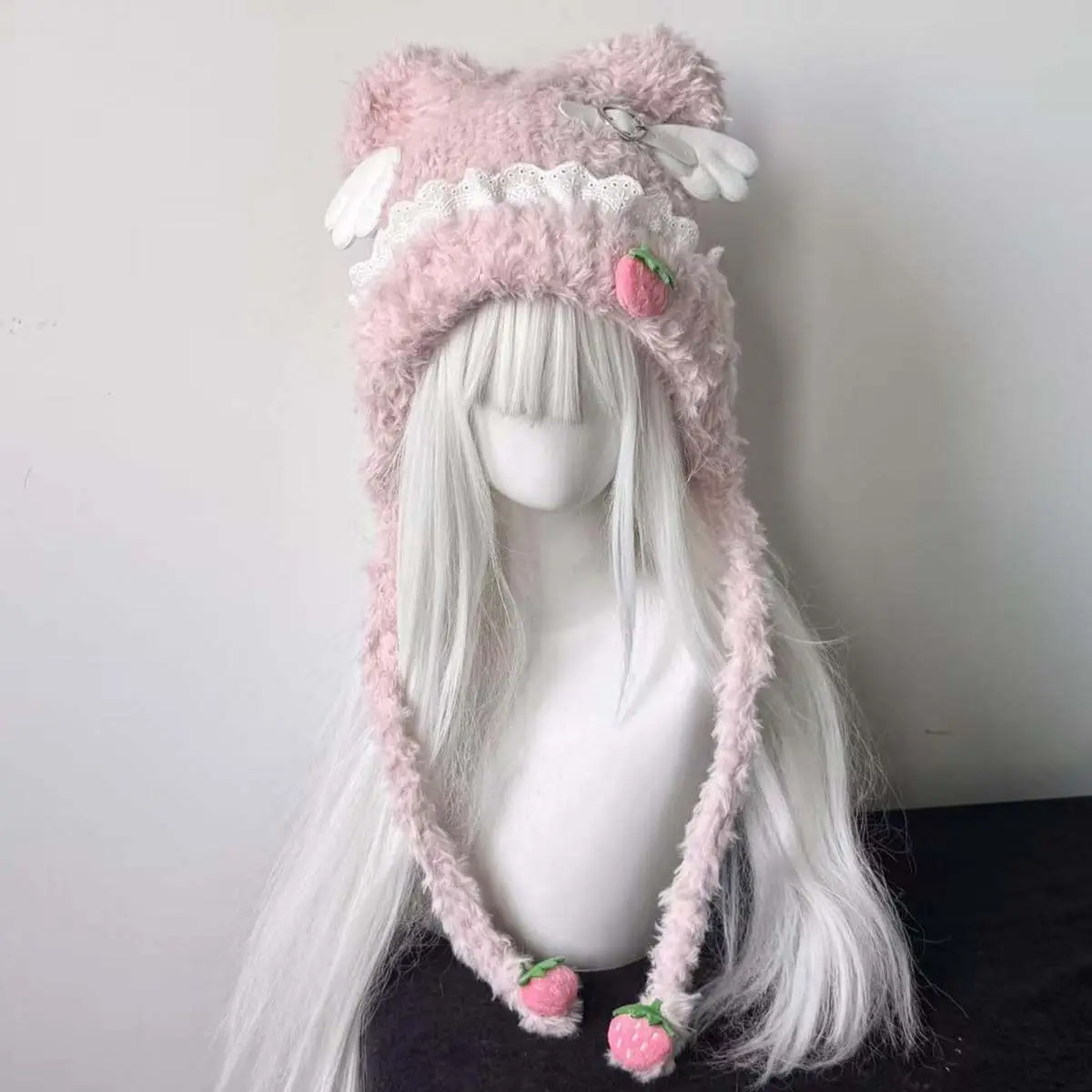 Sweet Kawaii Ruffle Strawberry Cat Ear Knit Beanie Women Japanese Preppy Style Cute Furry Hat Winter Y2K Harajuku Fashion Cap