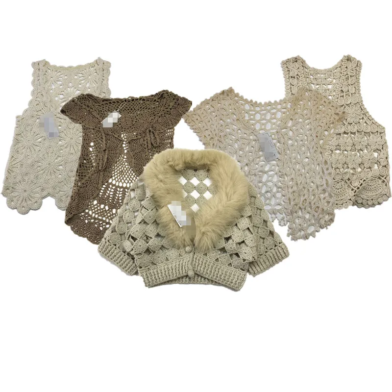 

Hand Knitted Vintage Sweater Double Layer Hollow out Pure Color Four Season Luxury Floral Mixed Fiber Women's Premium Knitwear