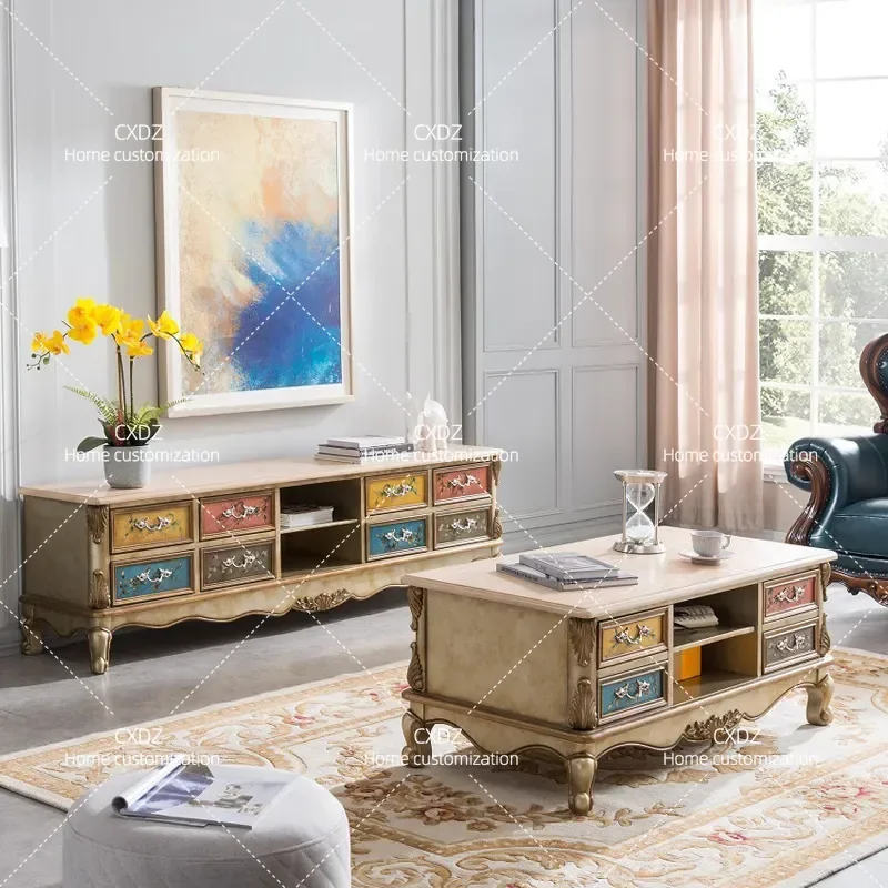 Luxury Champagne Gold TV Cabinet with Art Painting Solid Wood Living Room Coffee Table Side Table Audio Visual Cabinet Combo