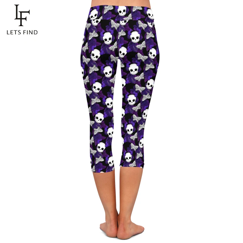 LETSFIND-mallas Capri de cintura alta para mujer, Leggings con estampado de calaveras y mariposas, diseño Vintage, pantalones elásticos de media pantorrilla, 3/4