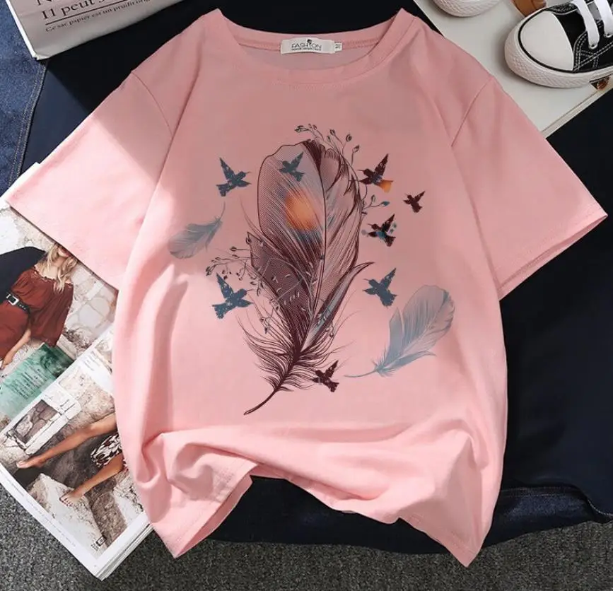 Feather Print T-shirt Female Harajuku Aesthetic Casual Short Sleeve New Summer Fashion Y2k Round Neck T-shirt Oversized T Shirt