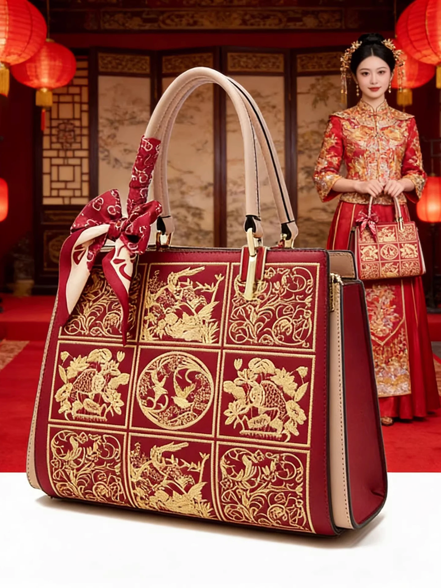 

Red Embroidered Bride Wedding Bag Large Tote Handbag Single oulder Crossbody Bag for New Year Gift Women's Handbag