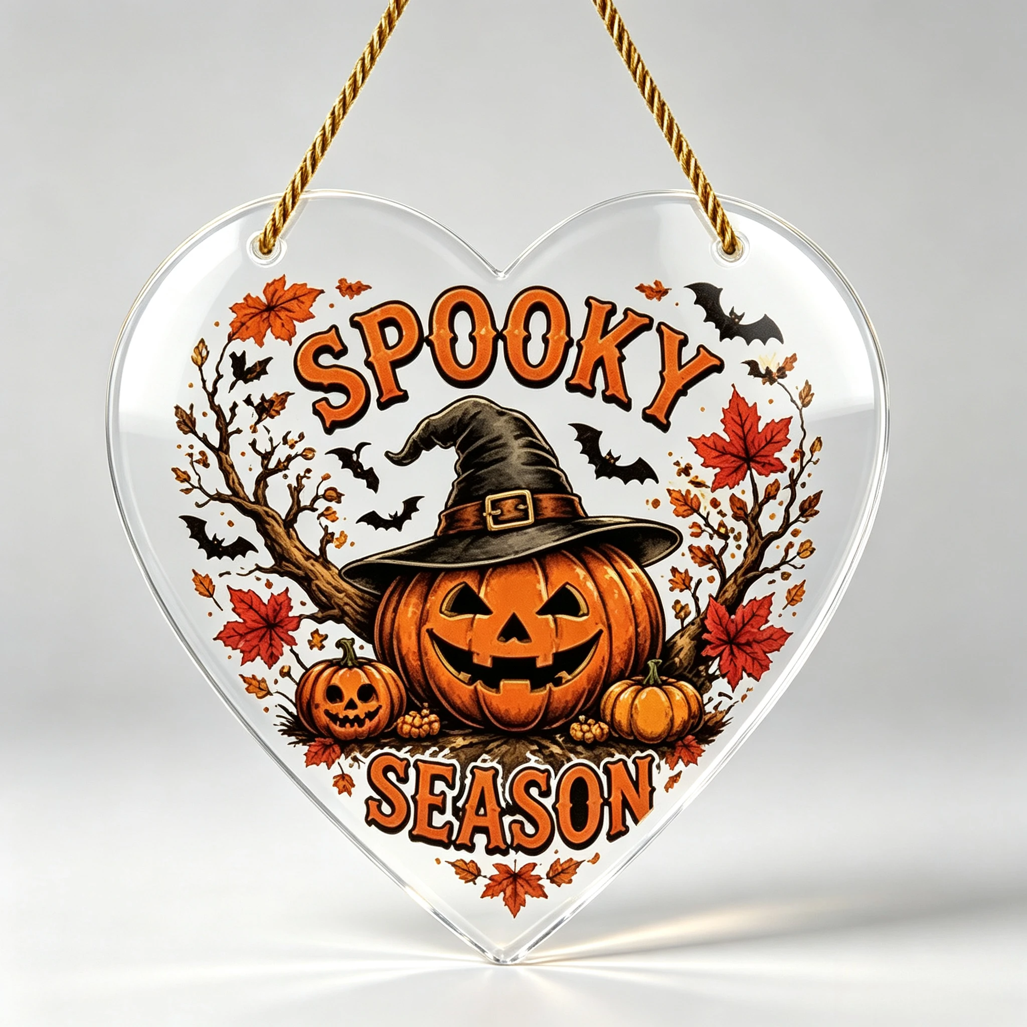 Spooky Season Heart‑Shaped Acrylic Hanging Ornament, Witch Hat Jack‑O‑Lantern Maple Leaf Bat Halloween Wall Decor