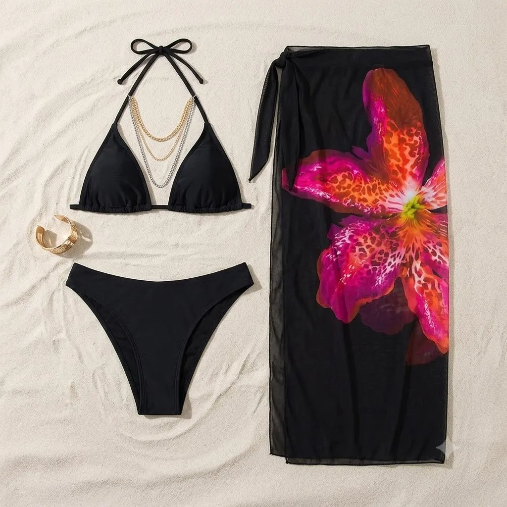 JEWELRY SEN Women 3‑Piece Solid Black Halter Bikini Set Floral Leopard Print Beach Wrap Sarong Skirt Summer Vacation Swimwear