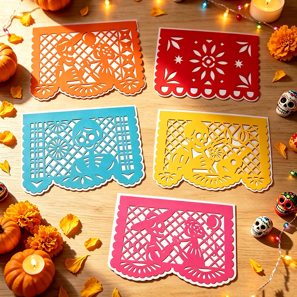 Mexikanisches Tag der Toten Papel Picado Banner 50 Stück Hohle Totenkopf-Blumen-Ausschnitt-Fahnen-Girlande Dia De Muertos Fiesta Party Hängedekoration – Detail 12