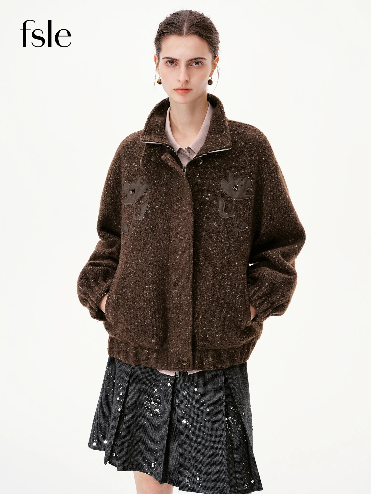 FSLE【Premium Series】Women Coffee Brown Beaded Stand Collar Wool Blend Jacket Loose Casual Ladies Outerwear Coat New Arrival