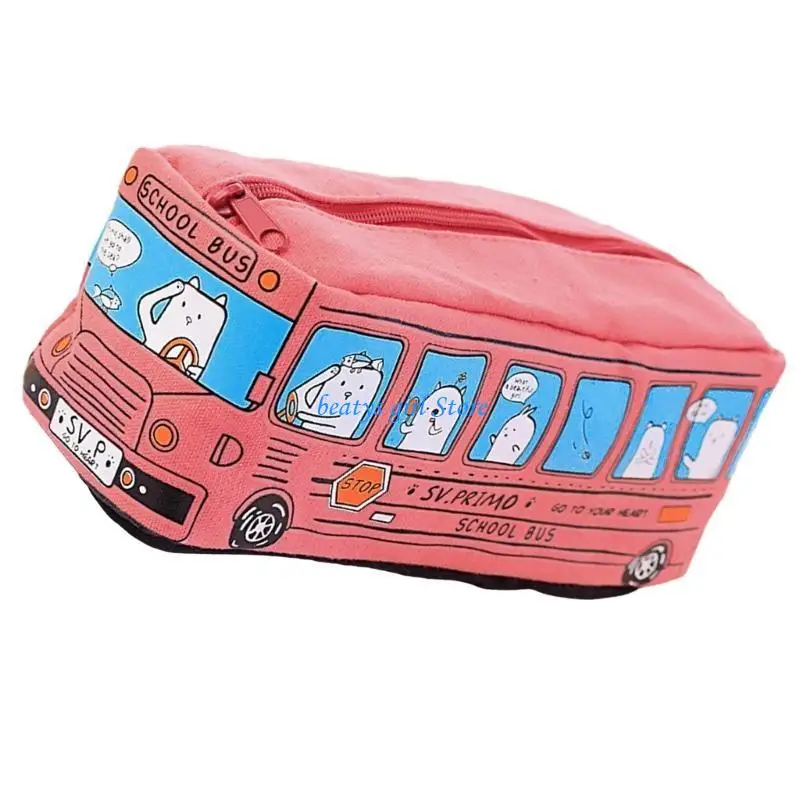 C7AB Cartoon Bus Pencil Case Big Capacity Canvas Pen Bag Multifunctional Pen Holder