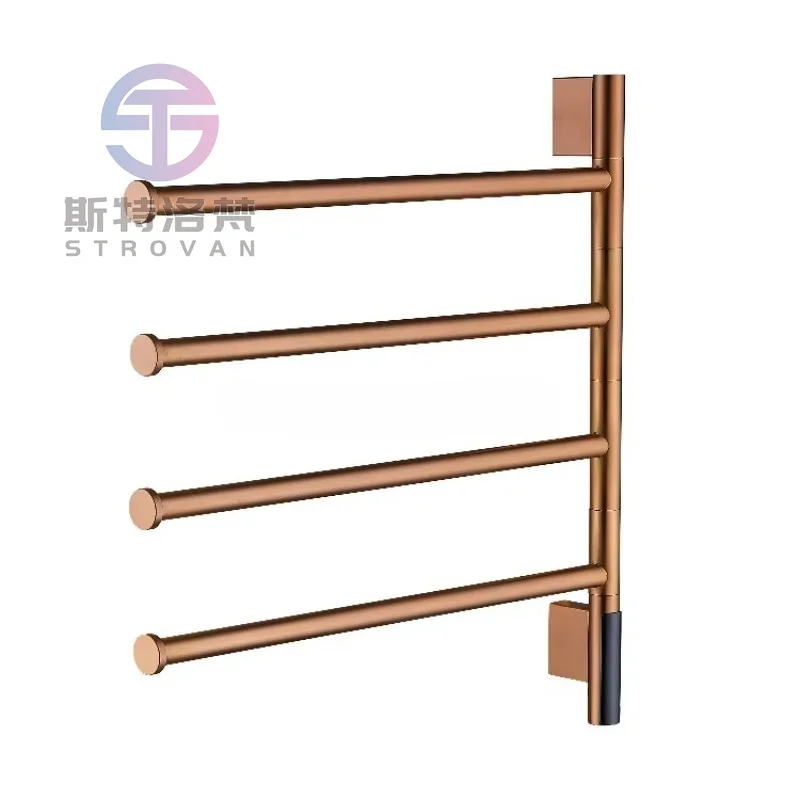 Rose Gold Electric Towel Rail with 4 Heated Towel Bars 180° Rotating Wall Mounted Towel Warmer Rack Holder for Hotel Bathroom