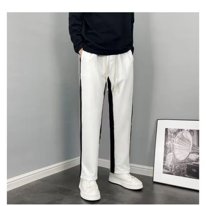 

Мужские эластичные универсальные модные прямые полосатые спортивные широкие спортивные штаны с высокой талией, повседневные брюки