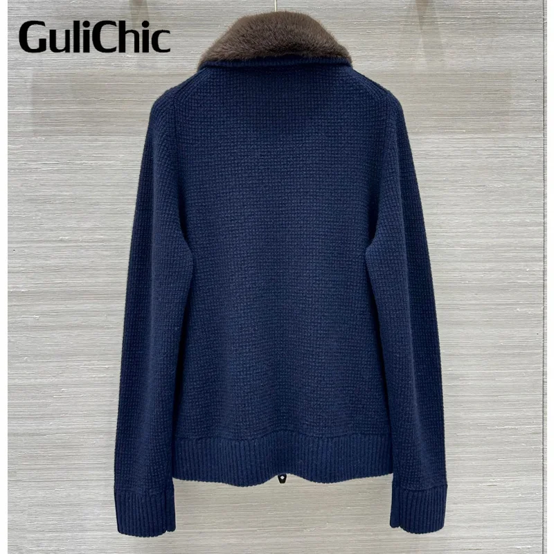 11.13 GuliChic Women 2024 New High Quality Cashmere Knitwear Detachable Fur Collar Design Zipper Elegant Temperament Cardigan