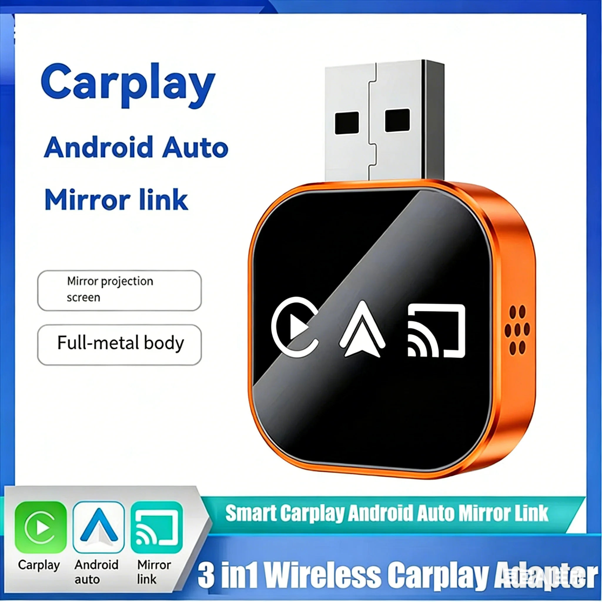 

Upgrade 3 in 1 Wireless CarPlay Android Auto Mirror Link Adapter Wired To Wireless Air Play Conversion Plug & Play Car Play