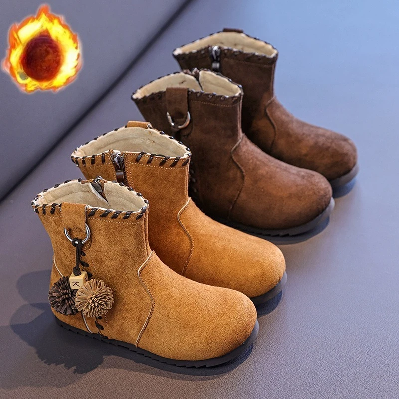 

Детские кожаные ботинки, замшевые теплые детские полусапожки в британском стиле с боковой молнией, осень-зима 202, нескользящие ботильоны для девочек