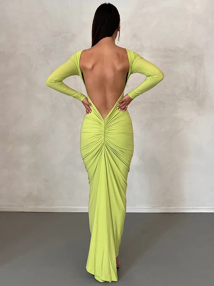 green backless knit dress Women's Maxi Red White Black Size:FR36 - US4 - UK8 The figure polka dot A Line V Neck