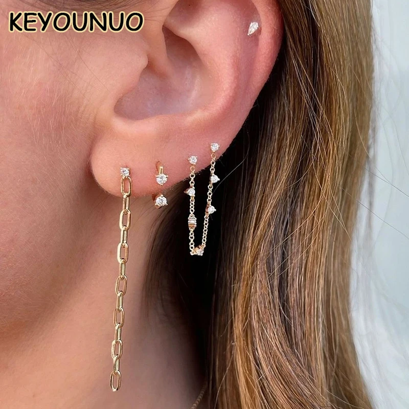 KEYOUNUO Hot New Gold Plated CZ Chain Earrings For Women Teardrop Zircon Stud Earrings Fashion Party Wedding Jewelry Wholesale