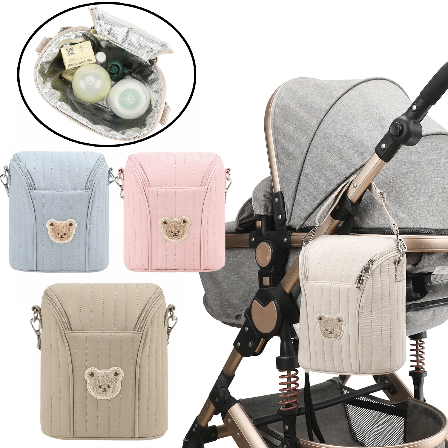 

Baby Stroller Storage Bags Cute Bear Travel Hanging Bag Mummy Bag Milk Bottle Holder Pram Diaper Bags Baby Stroller Accessories