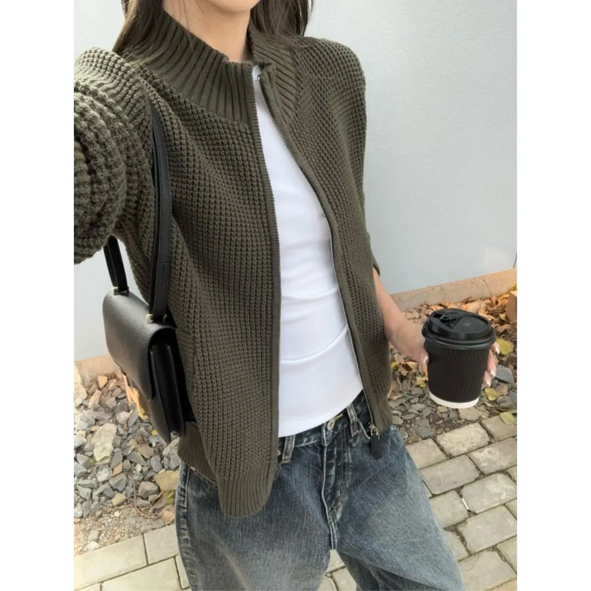 Kimotimo Women White Waffle Knit Cardigan Zip Up Slim Fit Minimalist Sweater Outerwear