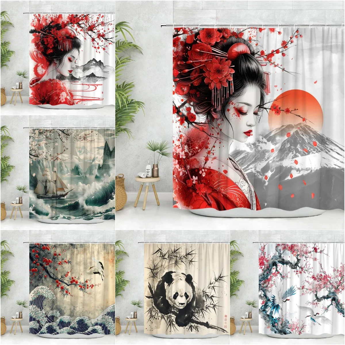 

Asian Shower Curtain Ink Painting Crane Cherry Blossoms Japanese Woman Koi Panda Modern Polyester Fabric Bathroom Decor Curtain