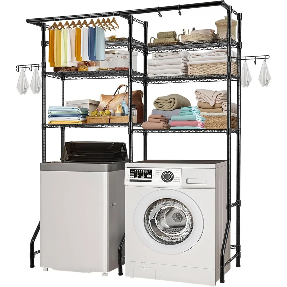 VEVOR Étagère de rangement pour lave-linge et sèche-linge, support de séchage pour buanderie à 6 niveaux avec tige de suspension et crochets, réglable sur lave-linge