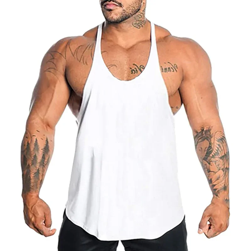 Blank Mens Cotton Low Scoop Neck Gym Stringer Tank Top Curved Hem Y-Back Racerback Bodybuilding Workout Training Sleeveless Vest