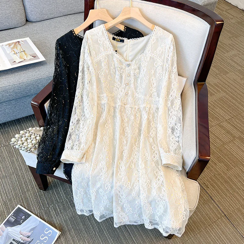 

Plus Size Women's Bust 151 Autumn Lace Sequins Sweet Style Dress Long Sleeve V-Neck Dress Black White 150Kg 5XL 6XL 7XL 8XL 9XL