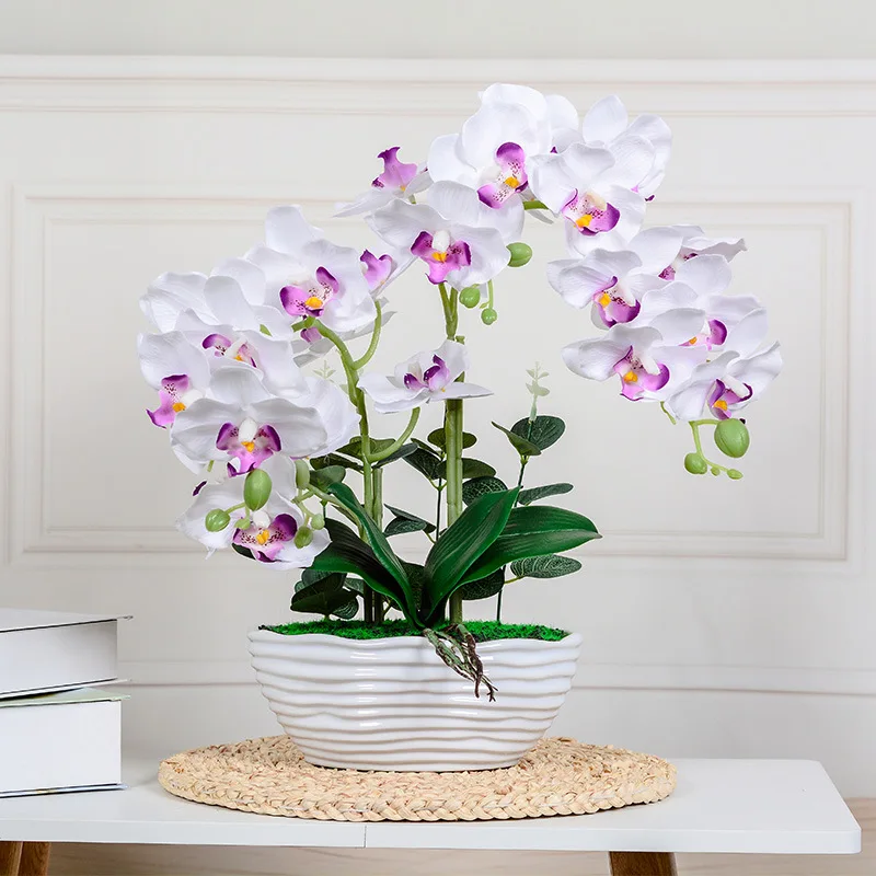 Double-fork Phalaenopsis Artificial Flower Suit Creative Silk Flower Ceramic Decoration Blue Decorative Fake Flower Bonsai view 2