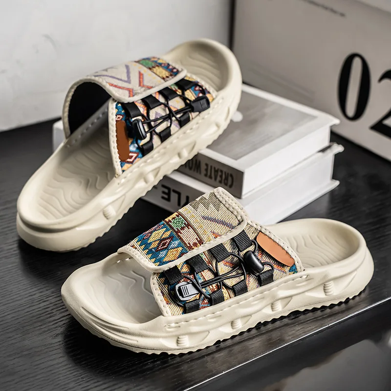 

Мужские повседневные парусиновые тапочки с граффити, уличные мужские нескользящие дышащие пляжные тапочки, мужская обувь