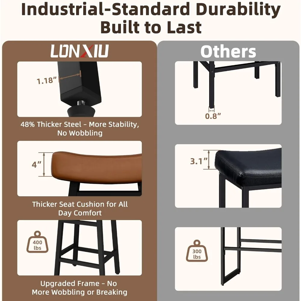 Counter Height Bar Stools Set of 2, 24 Inch Backless BarStools for Kitchen Island Leather Saddle Bar Chairs Kitchen Stools with