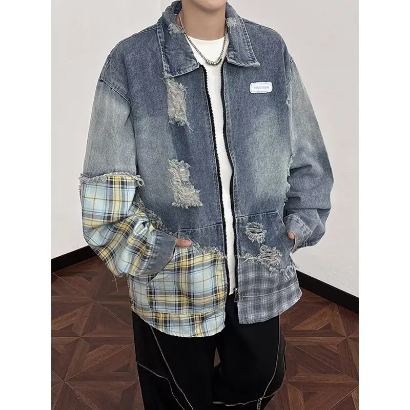 

Loose Fit Plaid Splicing Denim Jaet Men's American Street Sle Waed Workwear Jaet Autumn Winter plus Size 250 Pou
