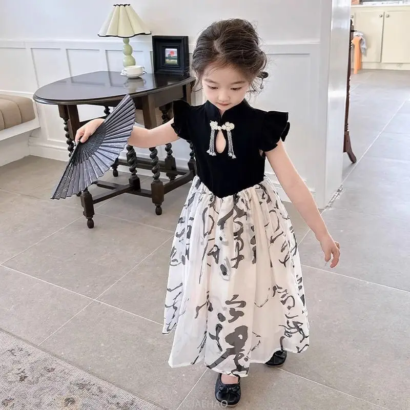 

New Chinese Style Summer Dress for Girls Kids Princess Party Gown Banquet Guest Wear Toddler Birthday Outfit Traditional Floral