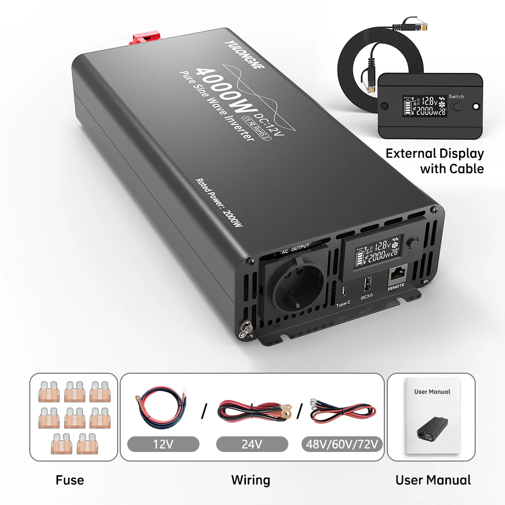 YULONGNE Pure Sine Wave Inverter DC12V Peak 4000W to AC230V EU Socket Converter with External LCD Display for RV Camper Solar Em