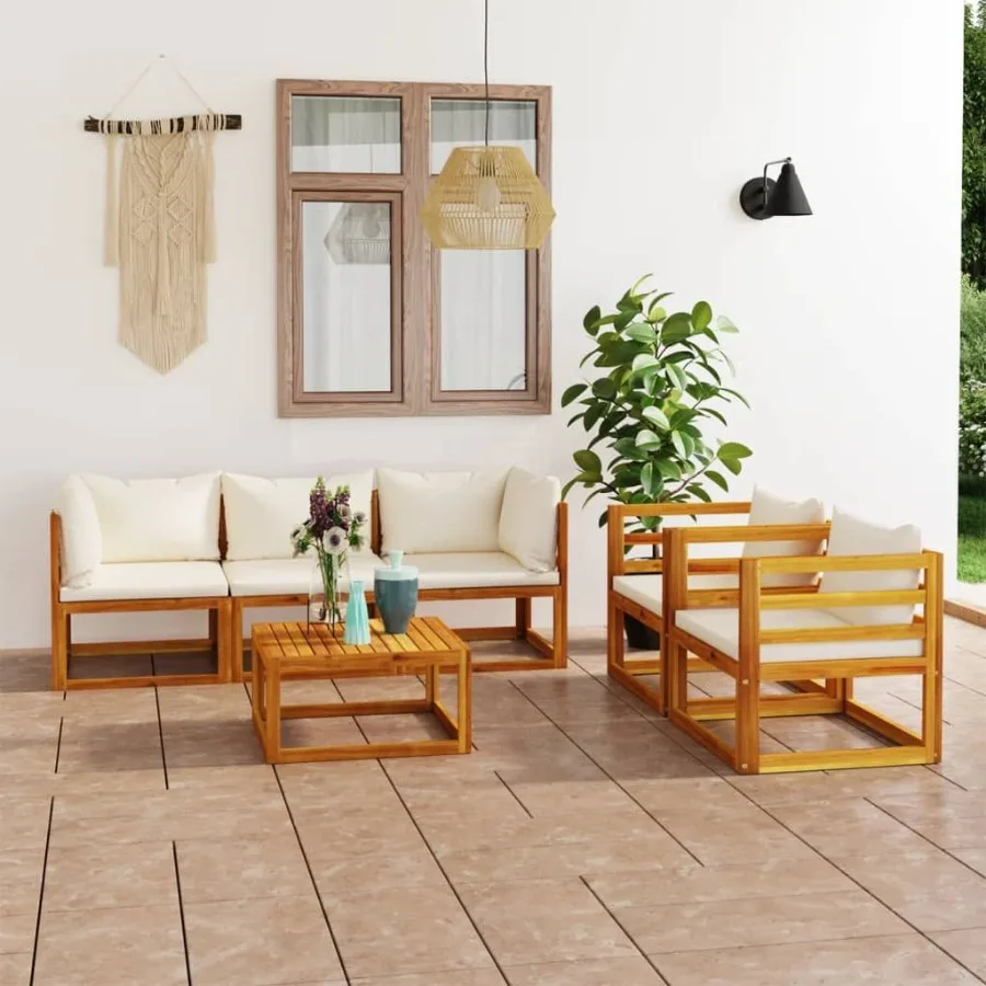 

6 Piece Patio Lounge Set with Cushion Cream Solid Acacia Wood