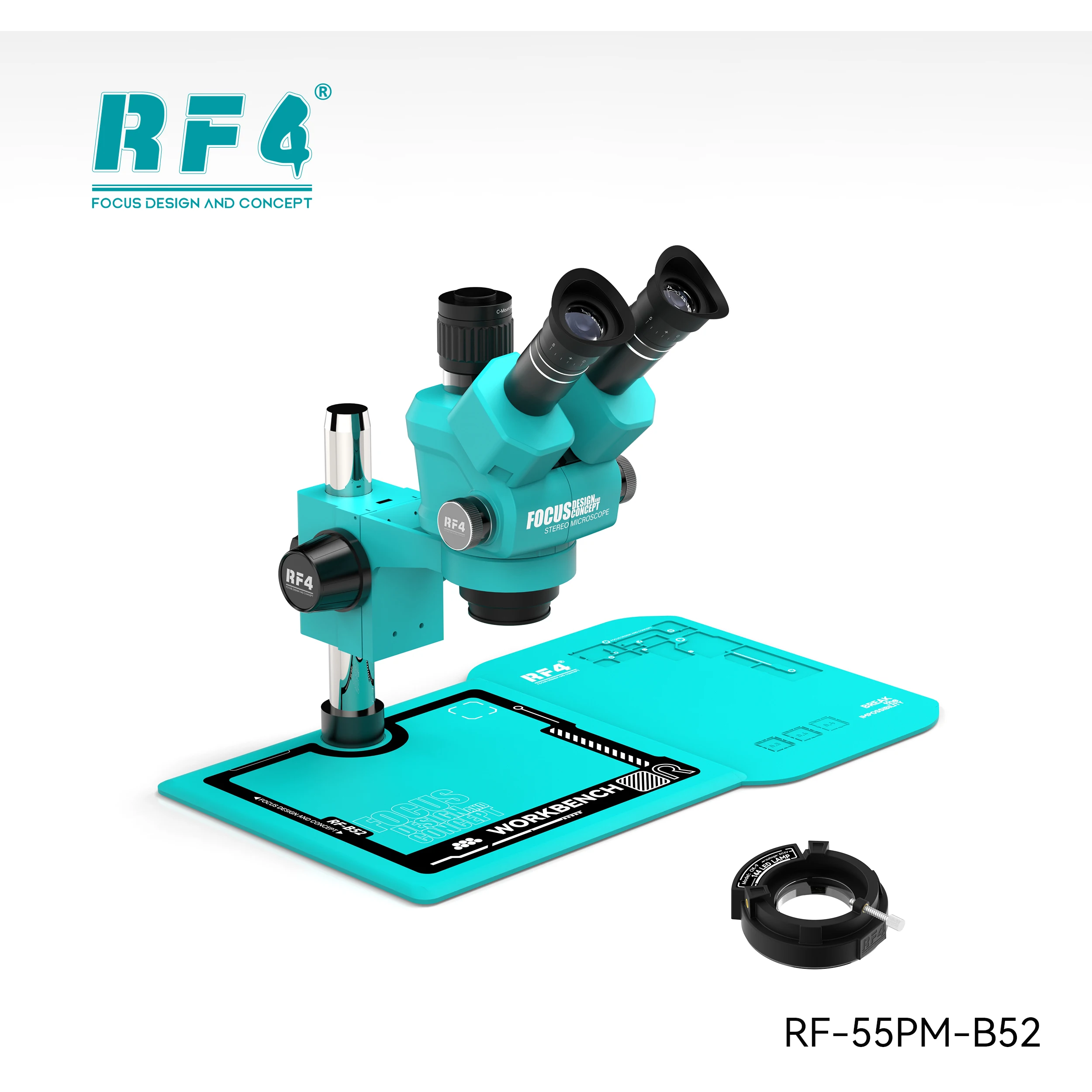 RF4 RF-55PM-B52 Stereo Microscope 6.5-55X Zoom, Trinocular Head w