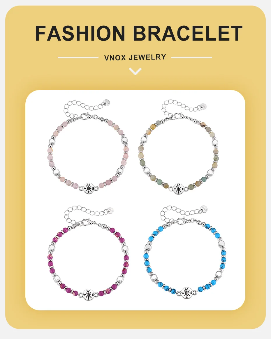 Vnox Kompass-Perlenarmbänder für Männer und Frauen, Türkis Hellblau Rosa Lila Stein Verstellbar 19-24cm, Boho Abschlussgeschenk Neu – Detail 1