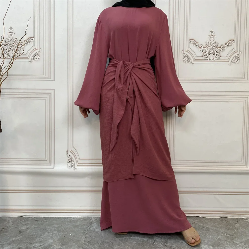 Eid Two Pieces Wrap Dress Set Inner Abaya Women Muslim Long Dresses with Tied Wrap Skirt Matching Suit Dubai Turkey Modest Abaya